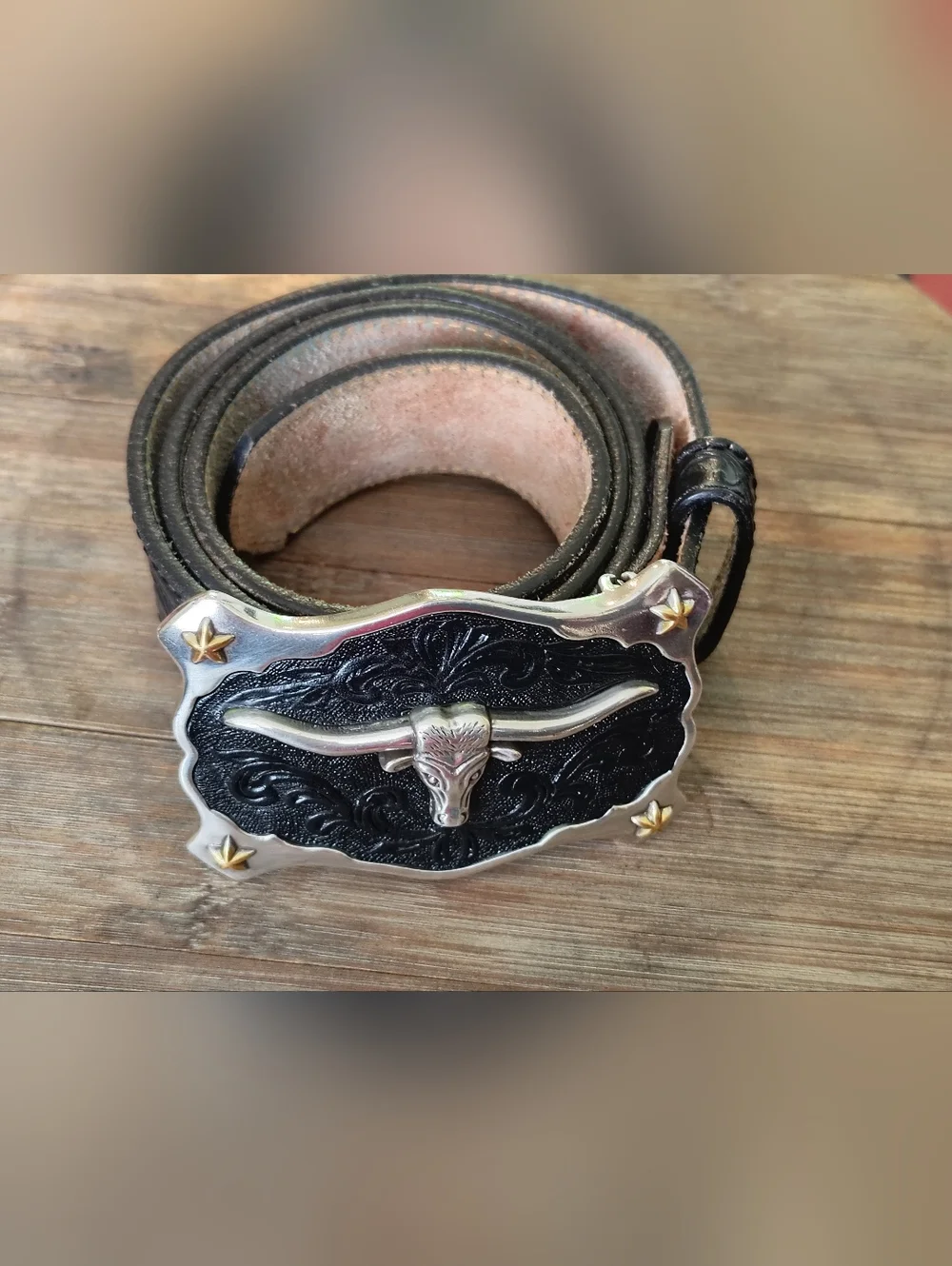 Justin Boots Brown Leather Men's Belt With Longhorn Buckle -Size 34 -Good